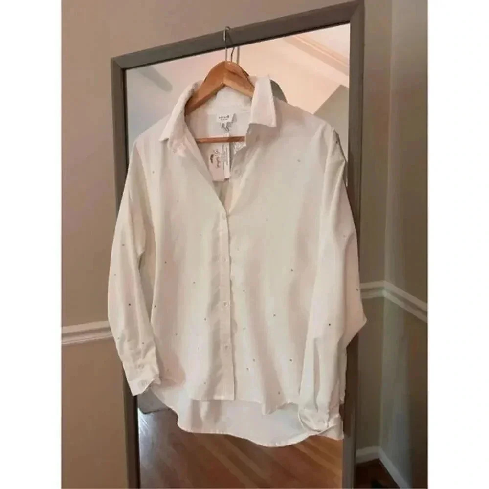 Lelis Sequin Button Down Shirt XS White Silver Long Sleeve